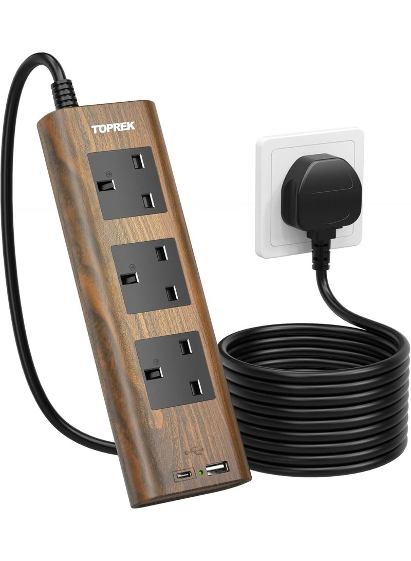 TOPREK Wood Grain 3 Way Extension Lead with USB Slots, Surge Protection, ON/OFF Switch, 13A/3250W, Extension Cable 2M for Home Kitchen Office - Image 1